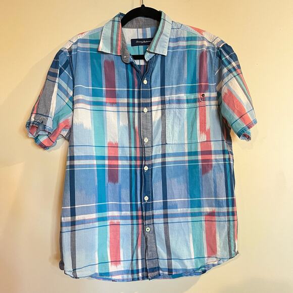 Tommy Bahama Other - Tommy Bahama Button Down Shirt Short Sleeve Plaid Blue Pink 100% Cotton Medium